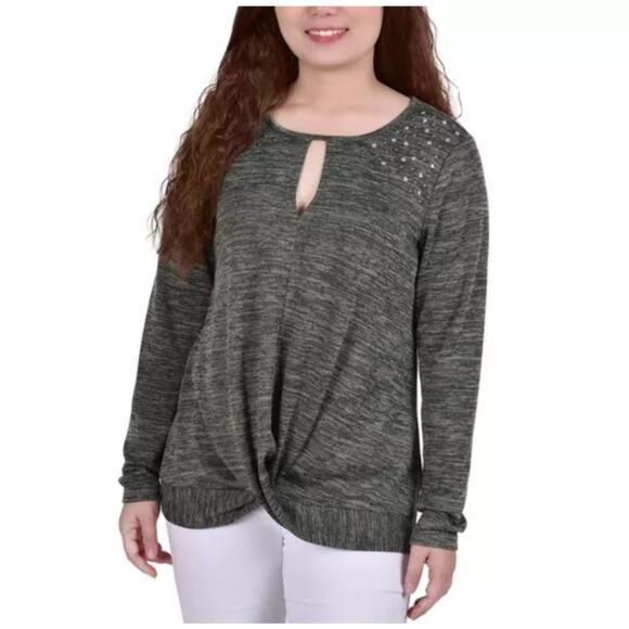 NY Collection Top Twist Front Keyhole Neckline Heathered Olive Green W US 2X NWT - Picture 1 of 12